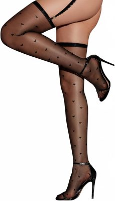 Sheer Heart-Pattern Nylon Thigh-High Stockings, Garter-Compatible, One Size