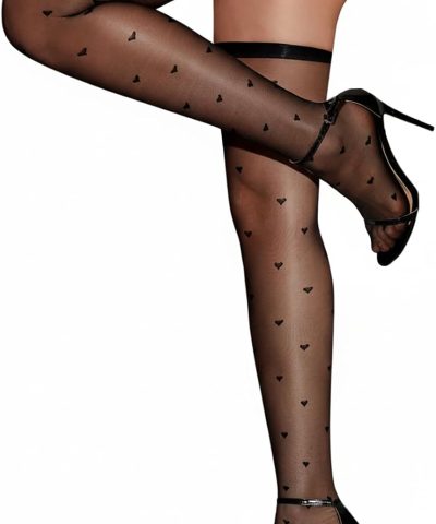 Sheer Heart-Pattern Nylon Thigh-High Stockings, Garter-Compatible, One Size