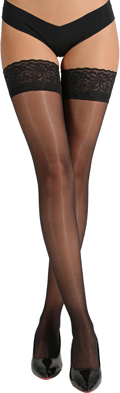 Shiny Thigh-High Stockings with Reinforced Lace Top and Dual Silicone Stay-Up Grip