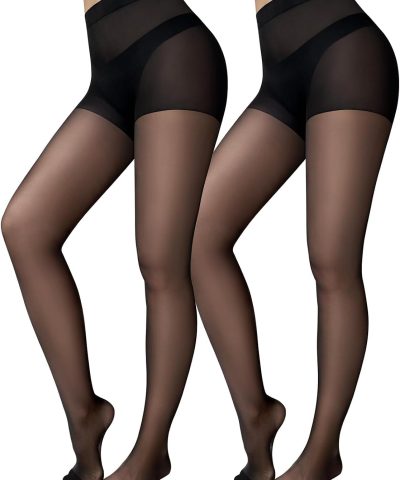 2-Pair 20D Black Sheer Tights with Matte Finish, Control Top and Reinforced Toe
