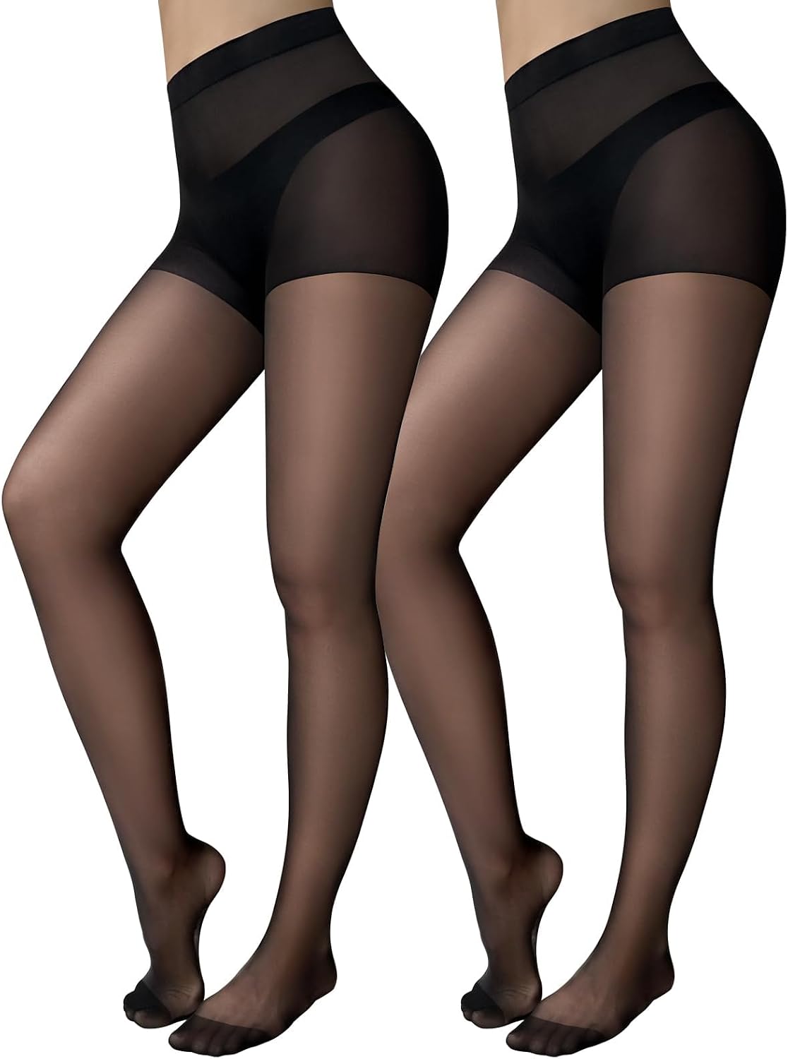 2-Pair 20D Black Sheer Tights with Matte Finish, Control Top and Reinforced Toe