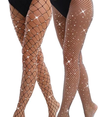 2-Pack Glitter Rhinestone Fishnet Tights with Stretch Mesh and High-Waist Band