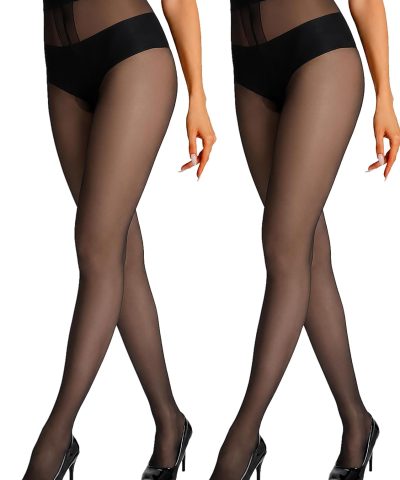 2-Pair Ultra-Thin Sheer Nylon-Spandex T-Crotch Control-Top Tights with Reinforced Toe