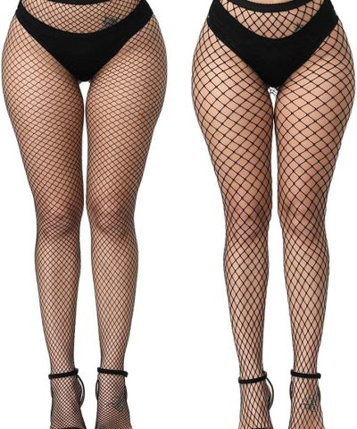 Black High-Waist Patterned Fishnet Garter-Style Tights with Stretch Mesh and Reinforced Toe