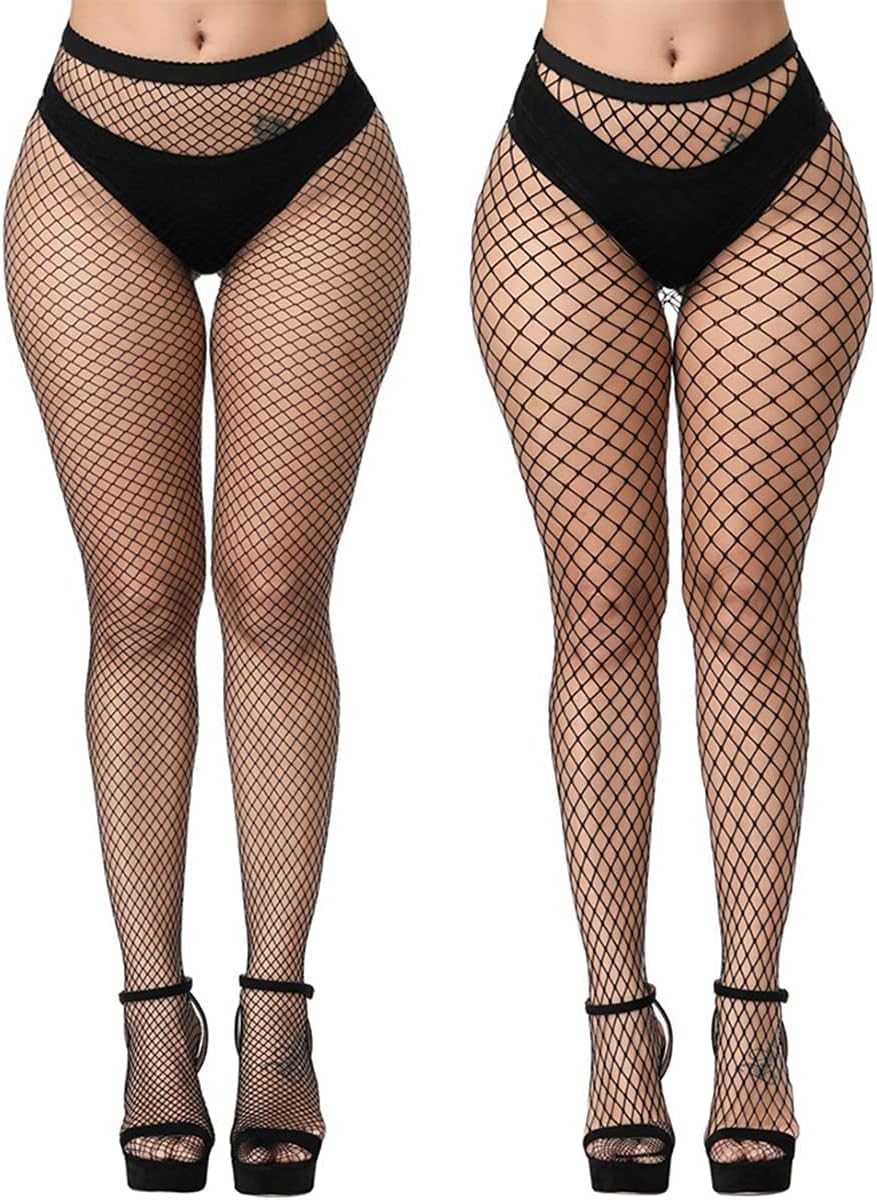 Black High-Waist Patterned Fishnet Garter-Style Tights with Stretch Mesh and Reinforced Toe